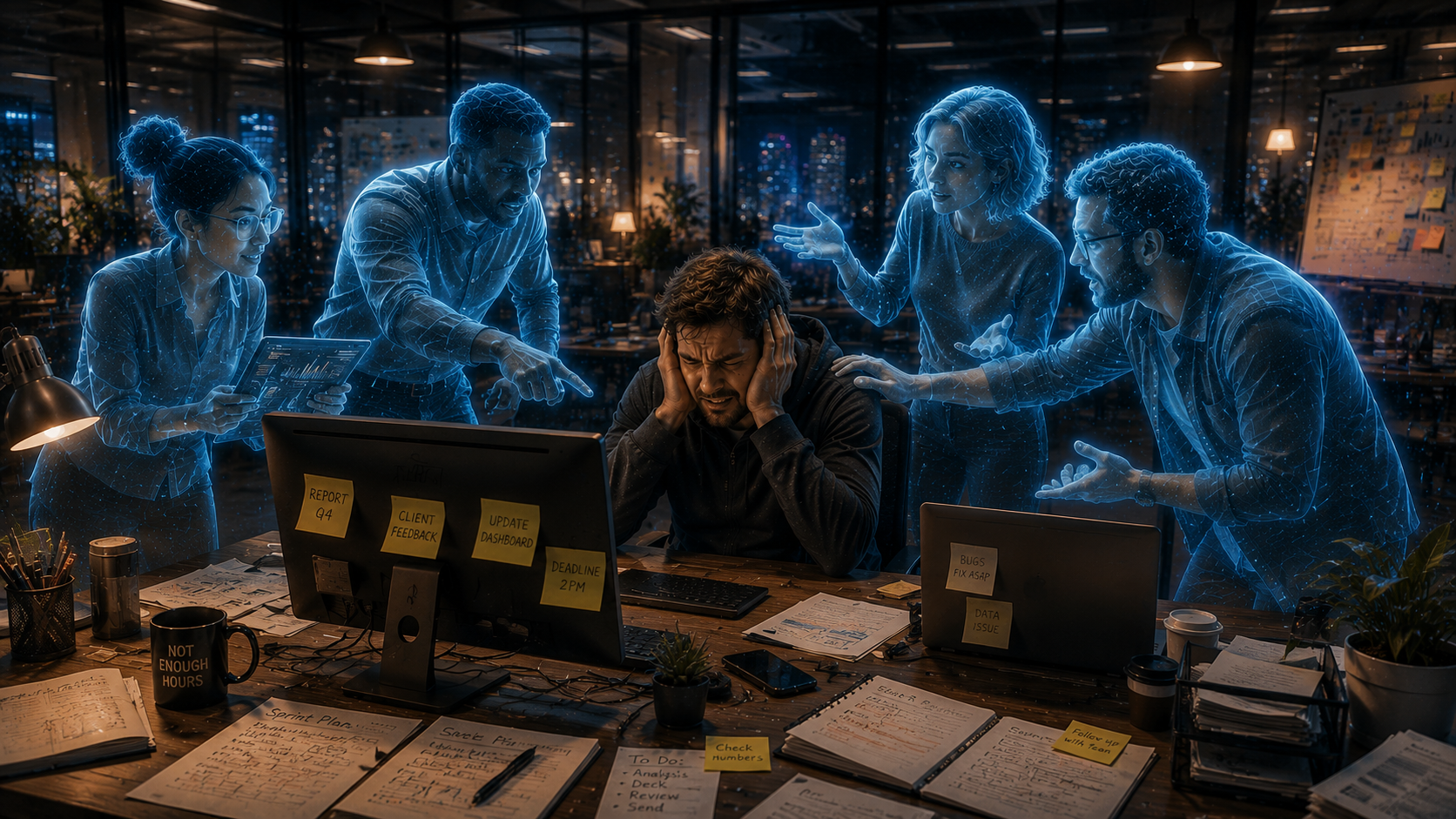 An employee overwhelmed by four AI teammates