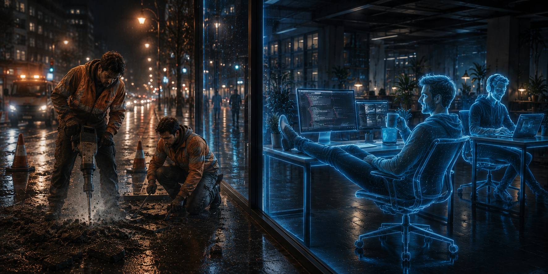 Two worlds of work: road construction outside and AI employees inside