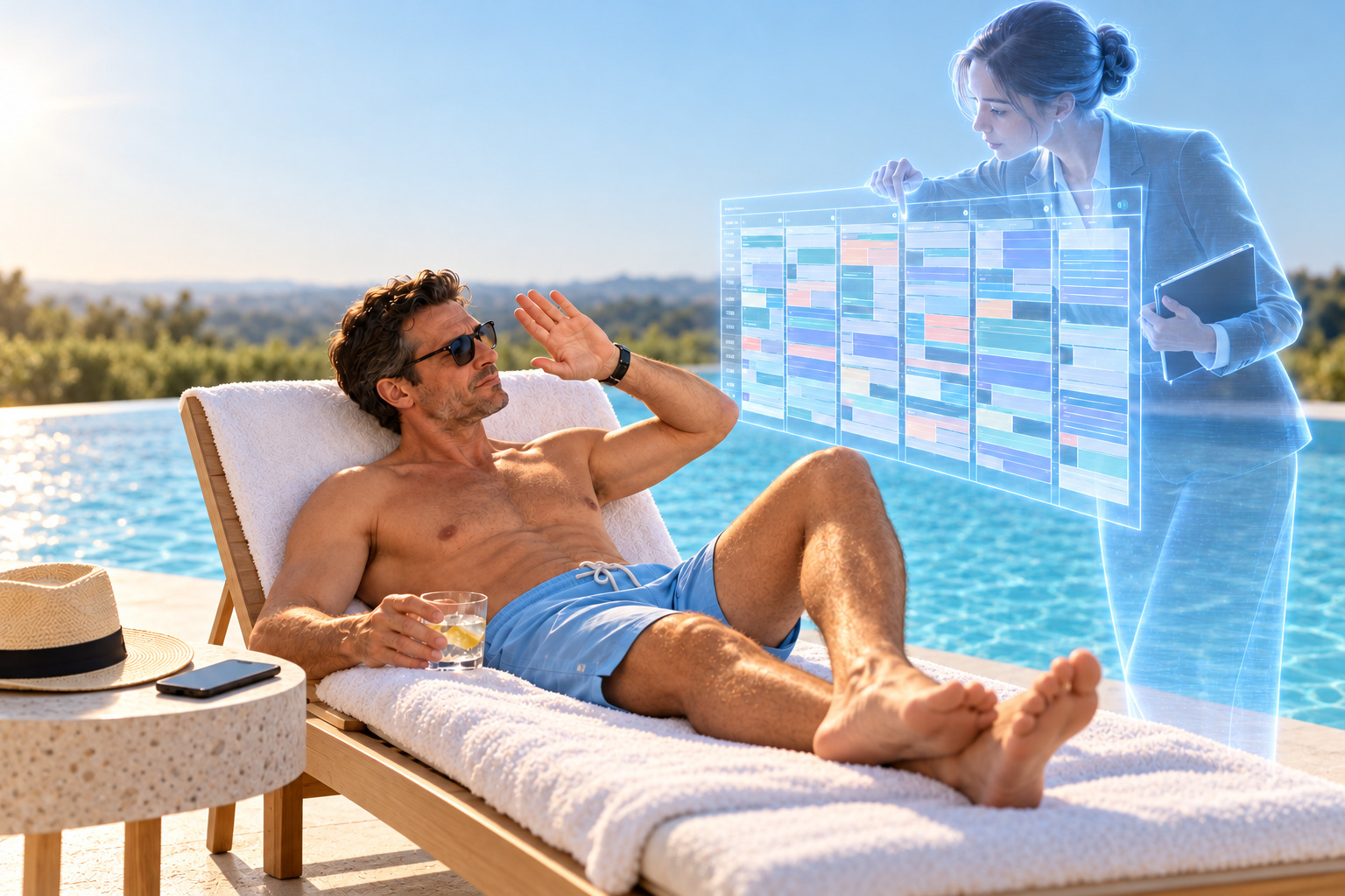 A man by a pool tries to relax while a holographic secretary shows him an overfilled calendar A man by a pool tries to relax while a holographic secretary shows him an overfilled calendar