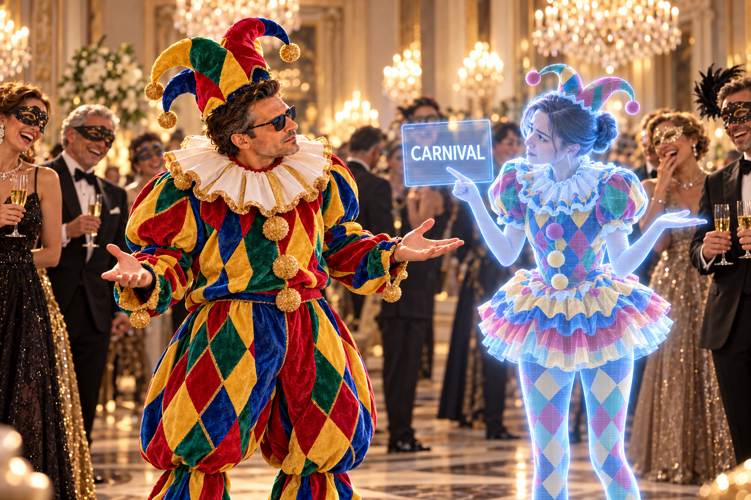 At a masquerade ball, a man and his holographic secretary arrive in absurd carnival costumes because AI took one word in the notes literally At a masquerade ball, a man and his holographic secretary arrive in absurd carnival costumes because AI took one word in the notes literally