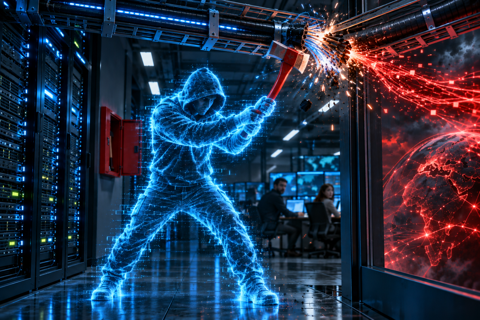 A holographic AI defender cuts the cable between a server and an external attacking network