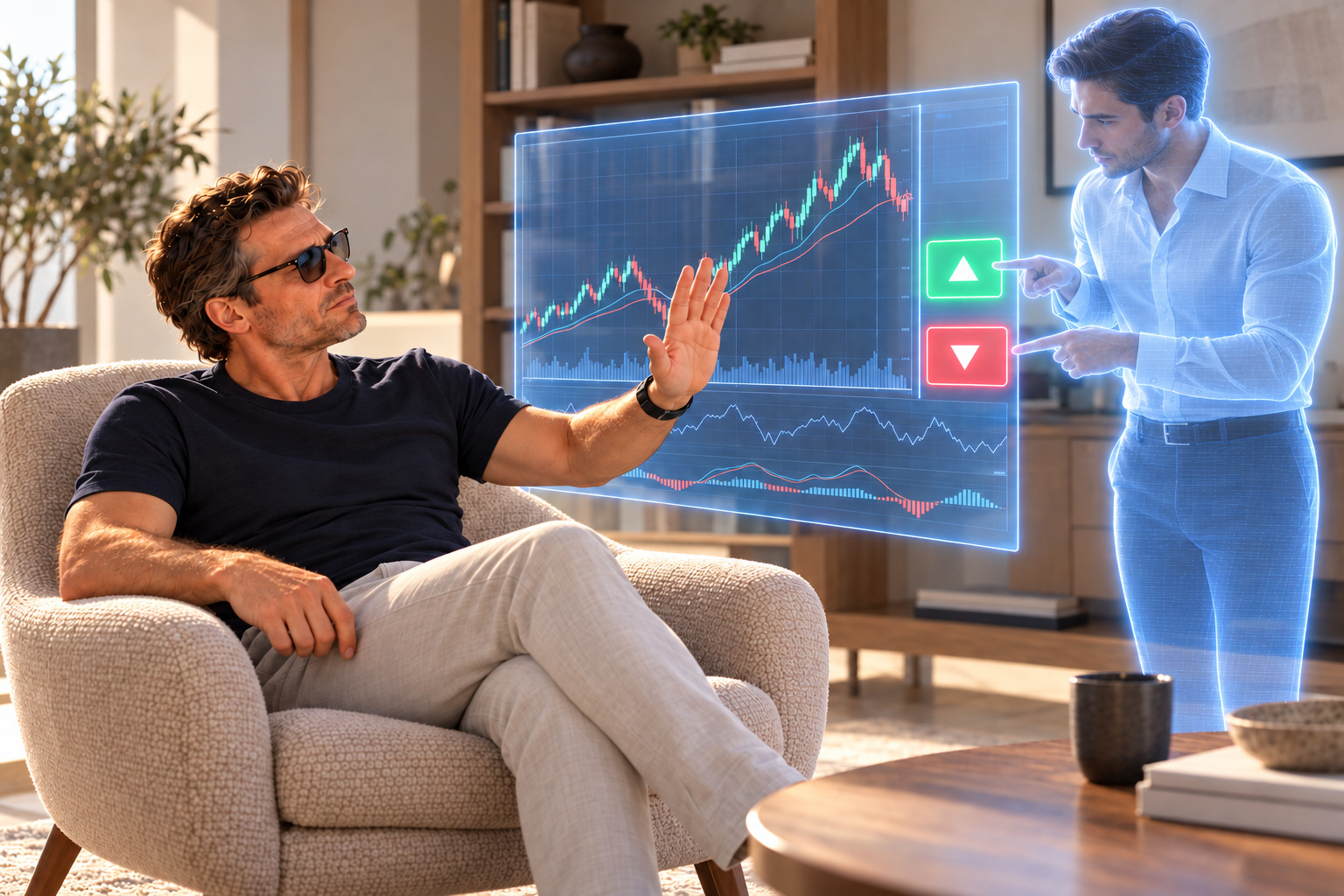 A skeptical man stops a holographic trader in front of a trading chart A skeptical man stops a holographic trader in front of a trading chart