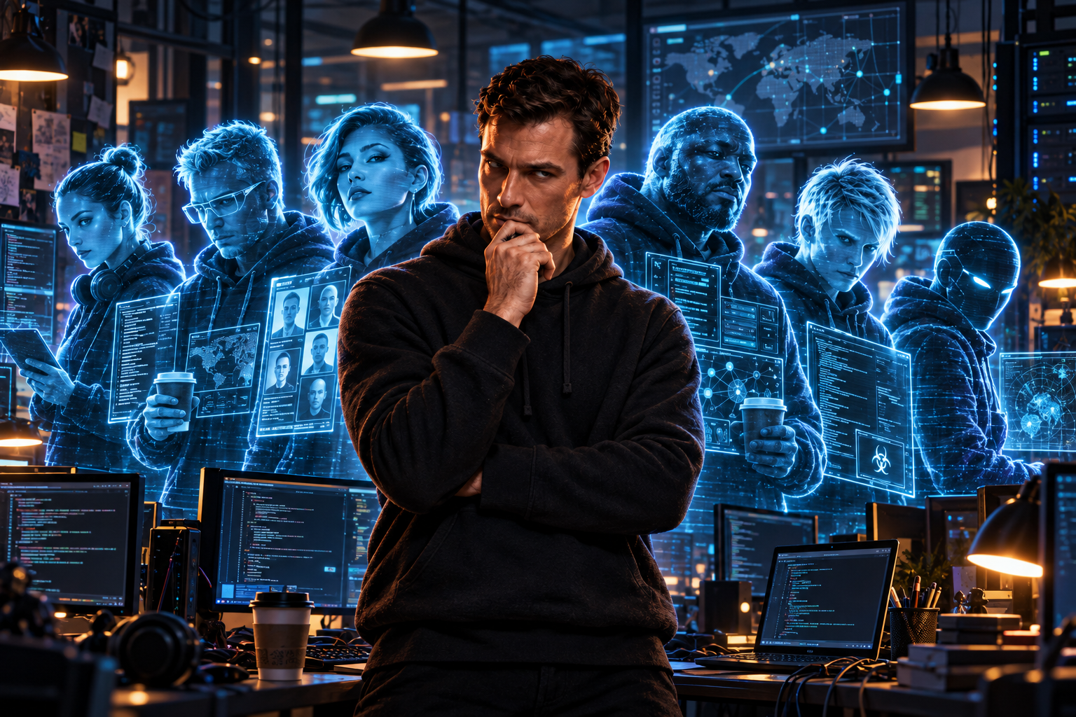 One person with a virtual team of AI specialists working at computers