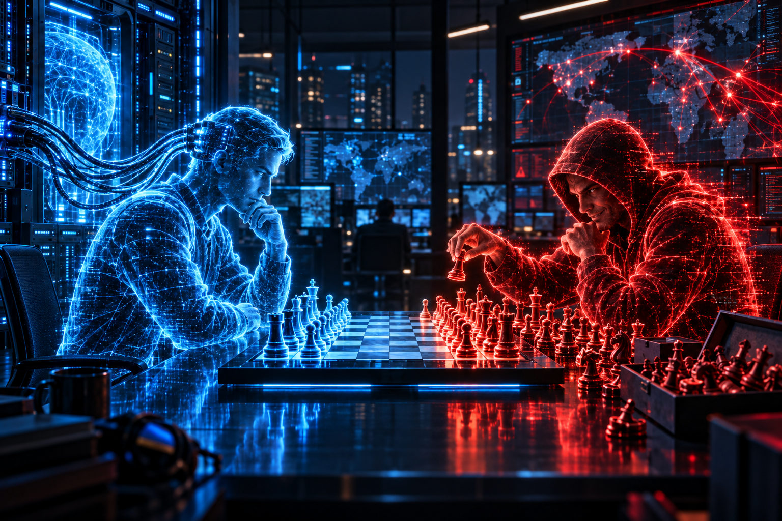 A red offensive AI and a blue defensive AI play chess with different advantages