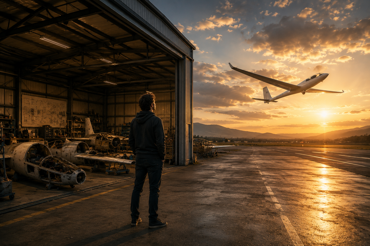 A solopreneur watching one successful glider take off while unfinished prototypes remain in the hangar