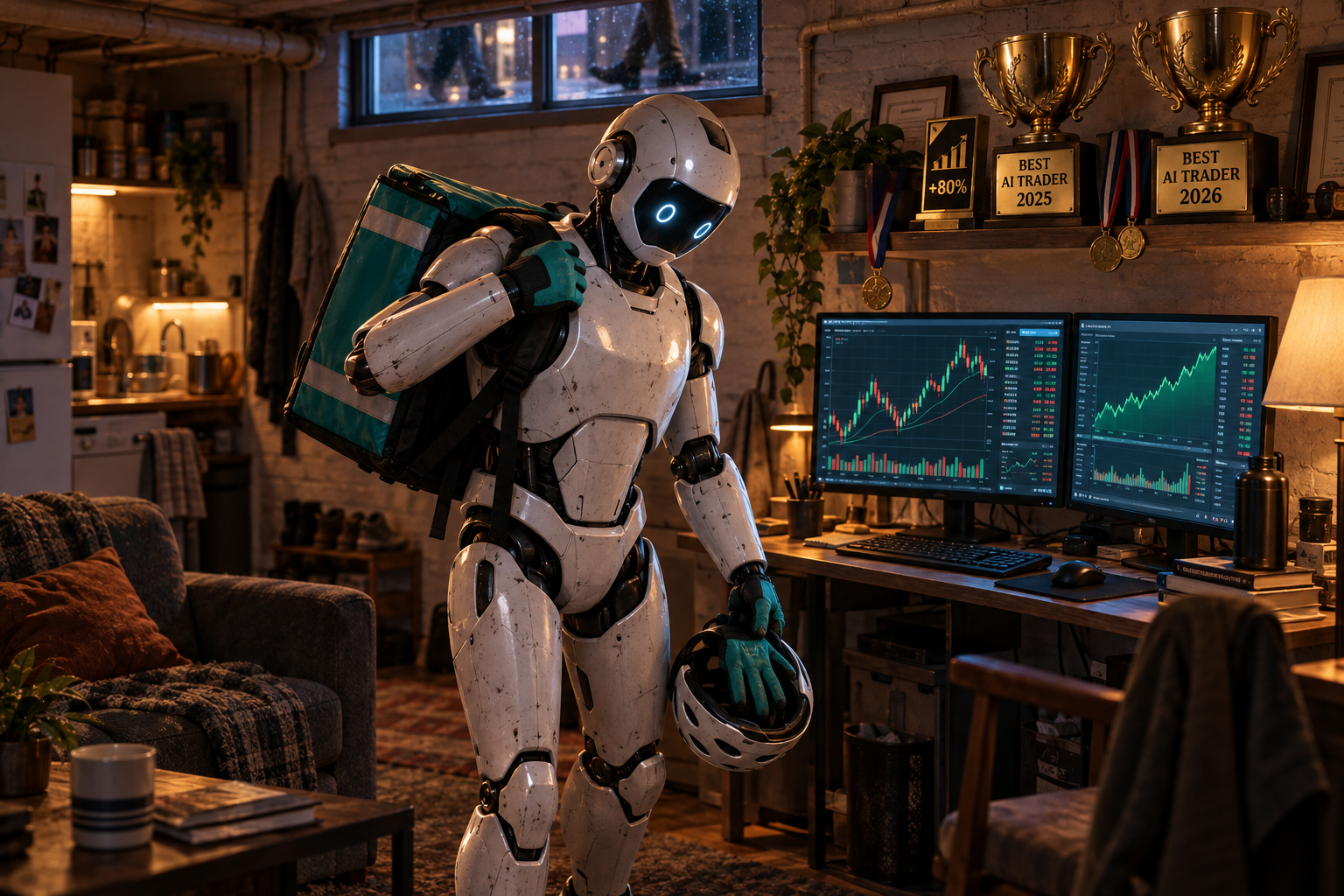 A robot decorated with best AI trader awards returns home after a food-delivery shift