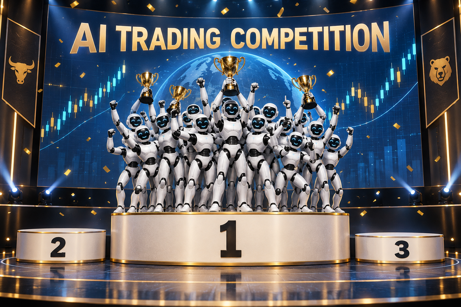 A crowd of robots fills an enormous first-place podium at an AI trading competition while second and third place remain empty