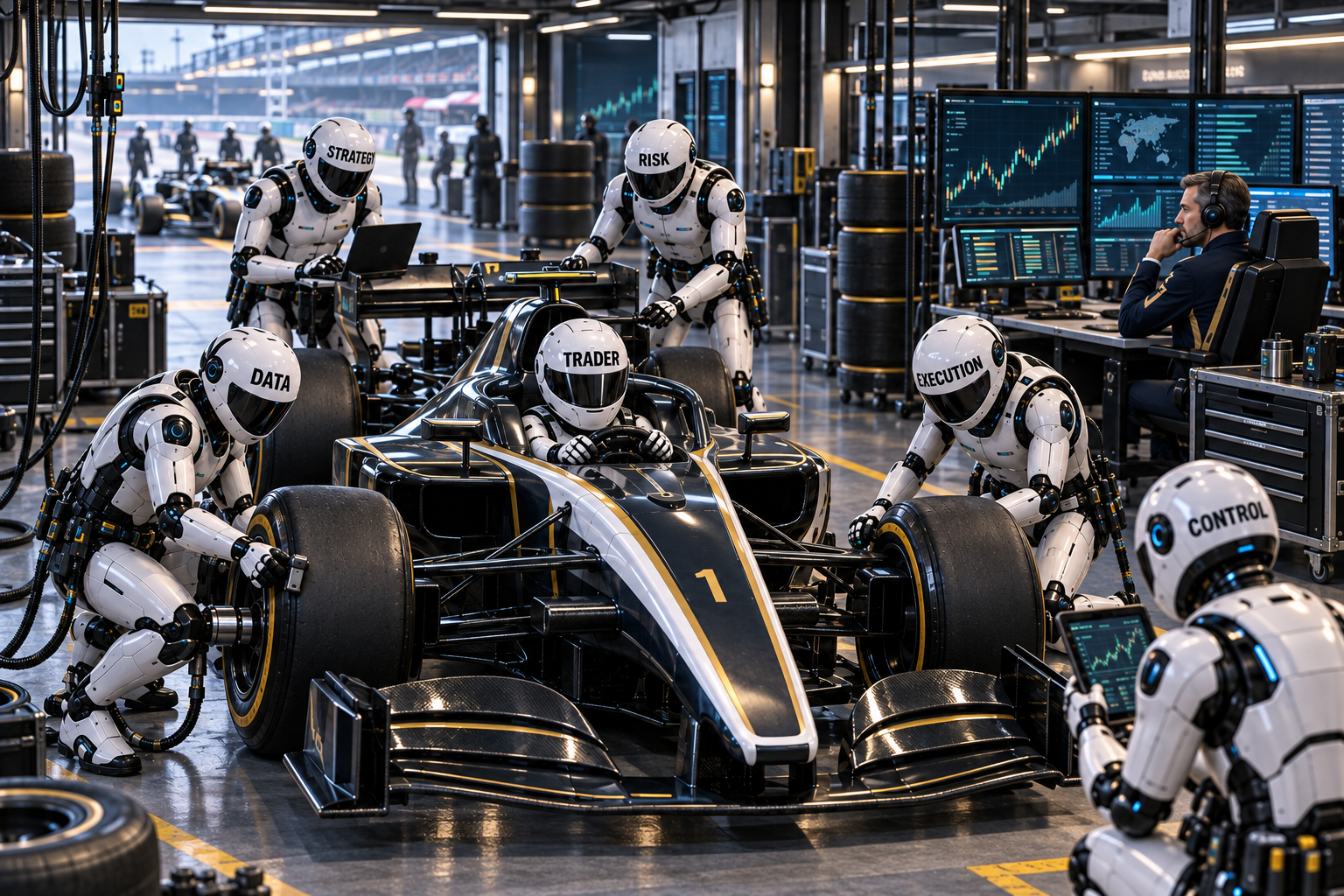 A robot trader drives a Formula-style race car while a full team of specialists keeps the system running