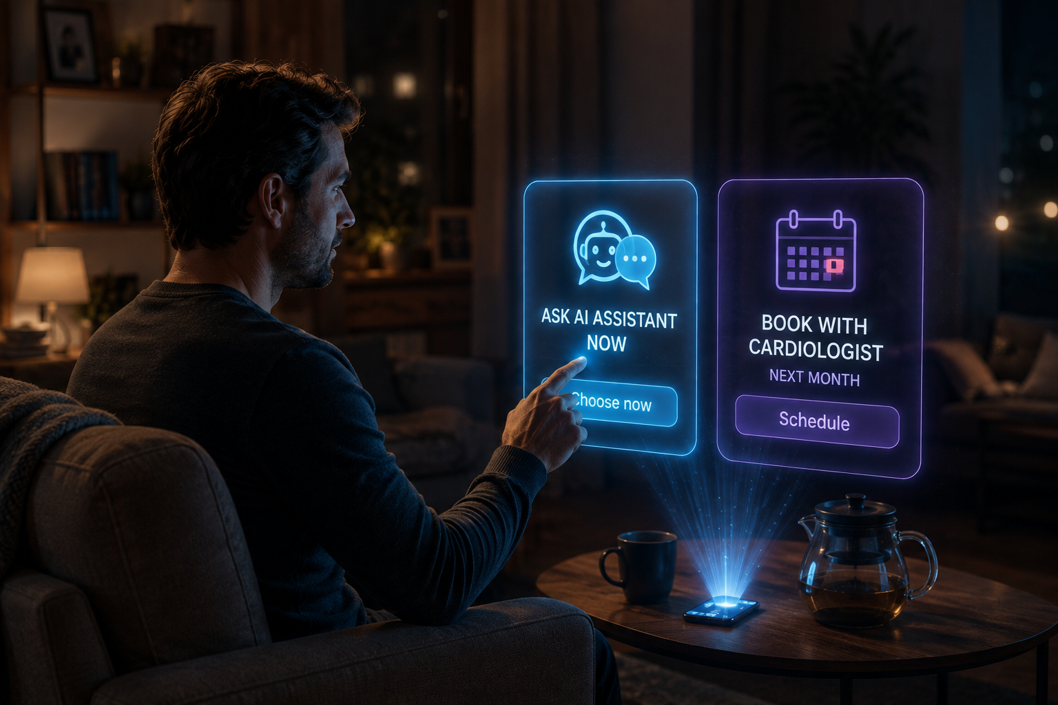 A man chooses between asking an AI health assistant now and booking a cardiologist appointment for next month.