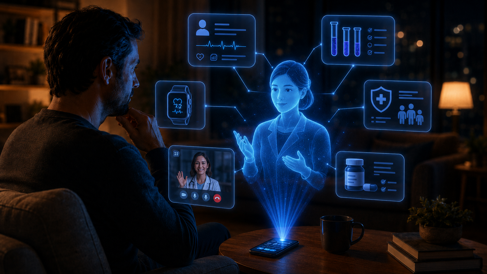 A holographic AI health assistant connects a patient with medical records, lab results, wearable data, insurance, video care, and medication information.