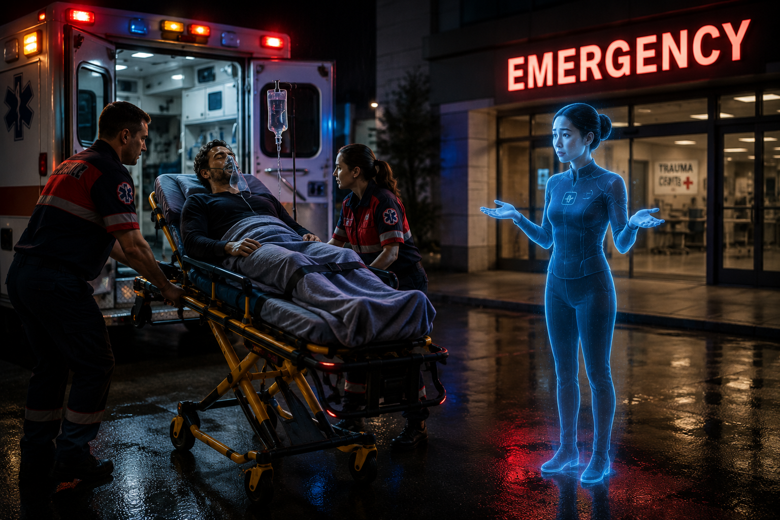 Paramedics wheel a seriously ill man toward an ambulance while a holographic AI health assistant stands nearby, shrugging helplessly.