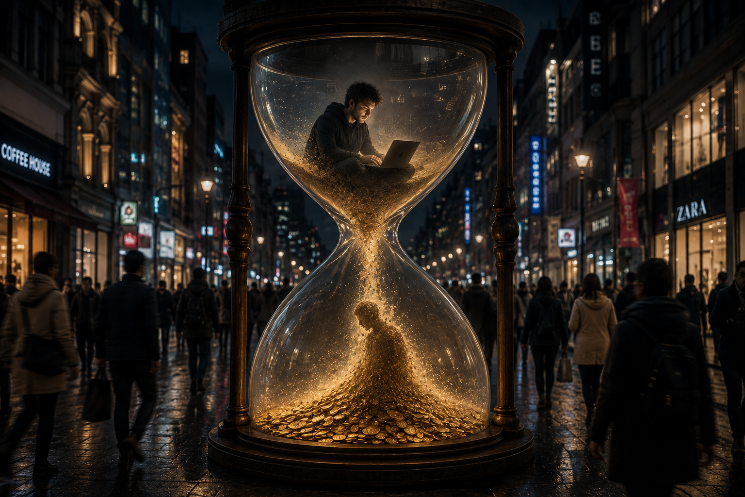 A solopreneur inside an hourglass as his time turns into golden coins